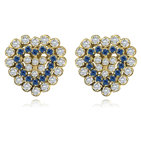 Náušnice zo žltého zlata 375 - ligotavé zirkónové srdce, číre a zafírovomodré zirkóny
