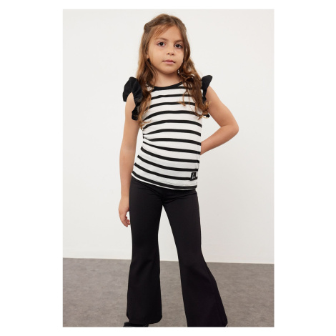 Trendyol Black Girl Striped Ruffle Detailed Knitted T-Shirt