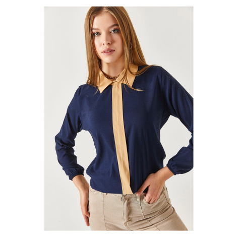 armonika Women's Navy Blue Striped Front Shirt Collar Elastic Sleeve Elastic Blouse