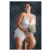 Trendyol Curve White Knitted Bridal Pajama Set with Tie Front Detail