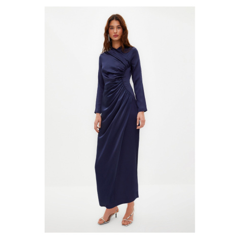 Trendyol Navy Blue Gather Detailed Woven Satin Evening Dress