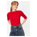 Trendyol Red Fitted/Situated Boat Neck Short Sleeve Cotton Stretch Knitted Blouse