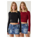 Happiness İstanbul Women's Burgundy Black Crew Neck Basic 2-Pack Crop Knitted Blouse