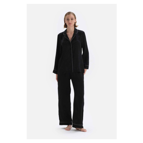 Dagi Black Lurex Stripe Detailed Satin Pajama Set