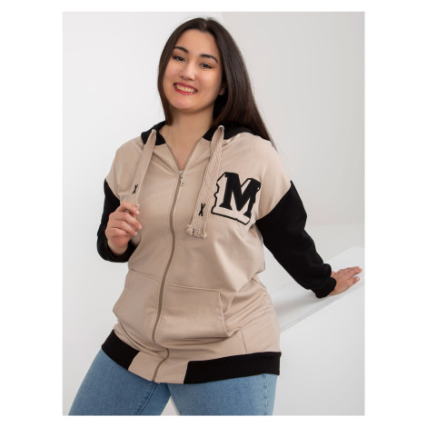 Beige and black plus size zip-up sweatshirt with patch