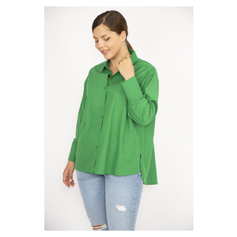 Şans Women's Plus Size Green Poplin Fabric Long Sleeve Shirt with Buttons and Side Slits