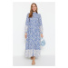 Trendyol Blue Ethnic Patterned Grand Collar Linen Look Woven Shirt Dress