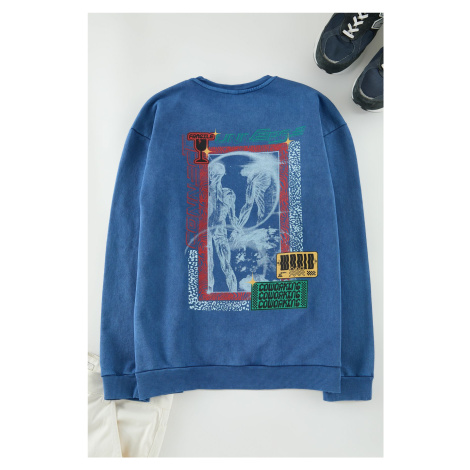 Trendyol Indigo Oversize/Wide Cut Distressed/Faded Effect Back Printed Cotton Sweatshirt