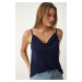 Happiness İstanbul Women's Navy Blue Strappy Collar Sandy Knitted Blouse