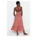 Trendyol Dusty Rose Skirt Flounced Back Tie Detail Strap Maxi Woven Dress