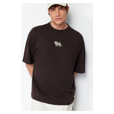 Trendyol Dark Brown Oversize Animal Embroidery Printed 100% Cotton T-Shirt