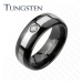 Tungstenový čierny prsteň - pás v striebornej farbe, zirkón - Veľkosť: 70 mm