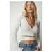 Happiness İstanbul Women's Ecru Crop Blouse with a Plunging Wrapped Collar