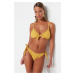 Trendyol Mustard Gingham Textured Tie-Up Textured Normal Leg Bikini Bottom