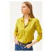 Olalook Women's Floral Oil Green Jacquard Satin Detail Woven Shirt