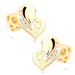 Diamantové náušnice v žltom 14K zlate - srdce z dvoch tvárí, číre brilianty