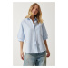 Happiness İstanbul Women's Sky Blue Balloon Sleeve Poplin Shirt