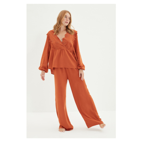 Trendyol Cinnamon Embroidery Detailed Viscose Woven Pajamas Set