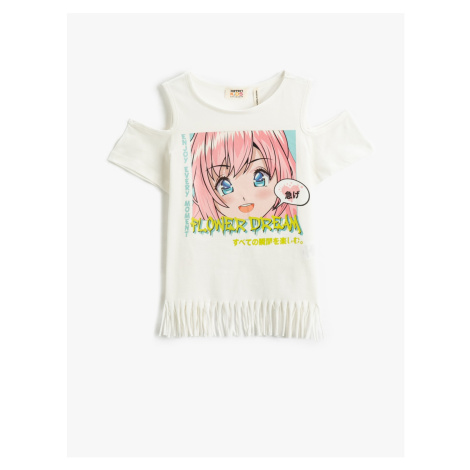 Koton Anime Printed T-Shirt with Tassels Short Sleeves Window Detail Cotton