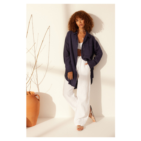 Trendyol Navy Blue 100% Linen Oversize Shirt