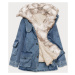 Svetlo modro / béžová dámska džínsová bunda s kožušinovým golierom (BR9585-50046)