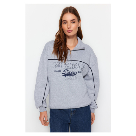 Trendyol Gray Zipper Printed Oversized Thick Fleece Inside Knitted Sweatshirt