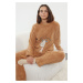 Trendyol Light Brown Animal Embroidered Wellsoft Knitted Pajama Set