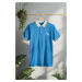 Trendyol Blue Slim/Narrow Cut Horse Embroidered 100% Cotton Polo Neck T-Shirt