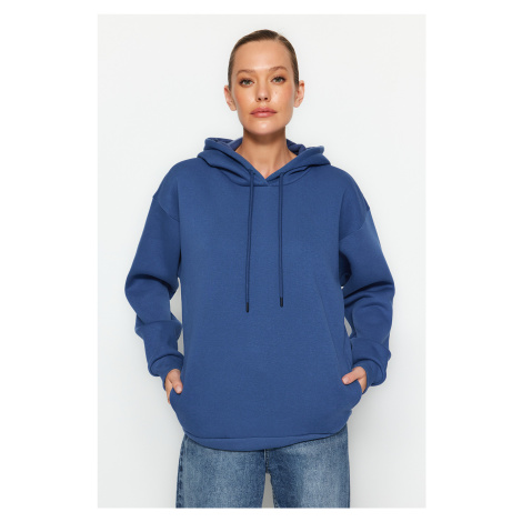 Trendyol Indigo Thick Inside Fleece Pocket Detailed Hooded Regular/Normal Fit Knitted Sweatshirt