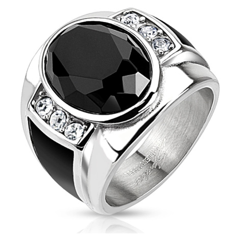 Oceľový prsteň s čiernym brúseným oválom, čírymi zirkónmi a čiernymi pásmi - Veľkosť: 69 mm
