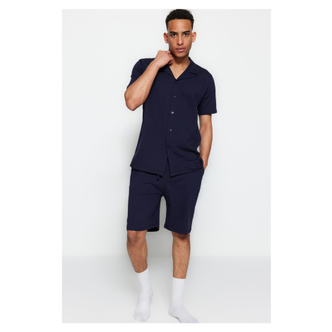 Trendyol Navy Blue Unisex Regular Fit Wide Collar Shorts Pajamas Set