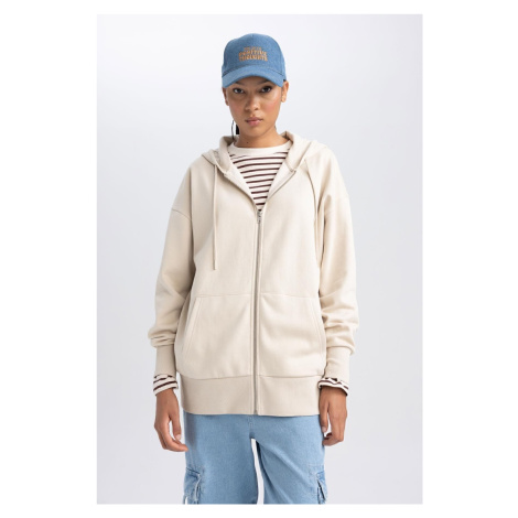 DEFACTO Oversize Wide Pattern Hooded Pocket Basic Plain Zippered Sweatshirt