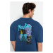 Trendyol Indigo Oversize/Wide Cut Distressed/Faded Effect Mystic Printed 100% Cotton T-Shirt