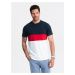 Ombre Men's tricolor T-shirt with wide stripes - navy