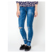 Jeans decorated with cuts on the knees and numerous abrasions navy blue
