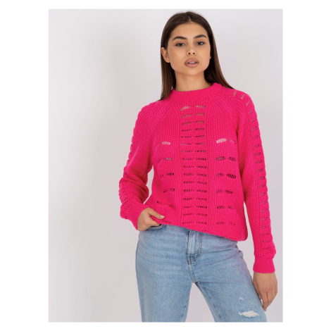 Fluo pink openwork oversize sweater with round neckline