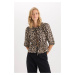 DEFACTO Fitted Round Neck Leopard Print Tie Front Poplin Long Sleeve Blouse