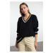 Trendyol Black Wide Pattern V Neck Knitted Sweater