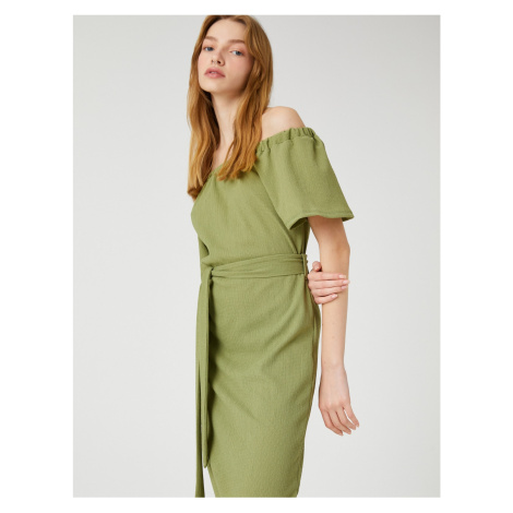 Koton Off-the-Shoulder Midi Dress with Belted Waist, Textured