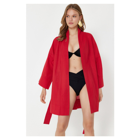 Trendyol Red Belted Mini Woven 100% Cotton Kimono&Kaftan