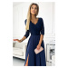 AMBER - Tmavomodré elegantné dámske dlhé krajkové šaty s výstrihom 309-6