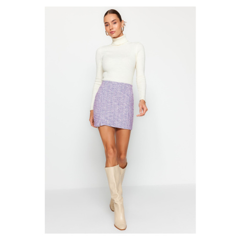 Trendyol Purple Zipper and Slit Tweed Regular Waist Mini Knitted Mini Skirt