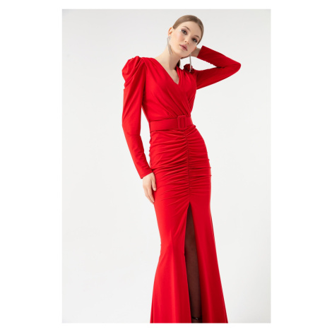Lafaba Women's Red Long Sleeve Double Breasted Neck Slit Evening Dress