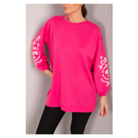 armonika Women's Fuchsia Round Neck Embossed Sleeve Tunic