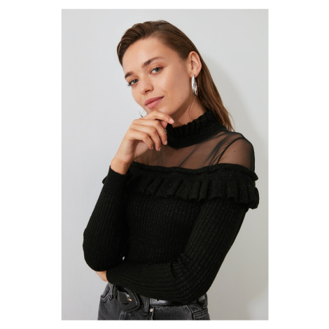 Trendyol Black Frilled Tulle Detailed Knitwear Sweater