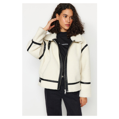 Trendyol White Oversize Plush Faux Leather Detailed Biker Coat