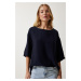 Happiness İstanbul Women's Navy Blue Crew Neck Flowy Viscose Blouse