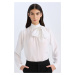 DEFACTO Regular Fit Bow Collar Basic Plain Satin Long Sleeve Blouse