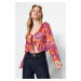 Trendyol Pink Floral Pattern Tie and Ruffle Detail Crop Flexible Tulle Knitted Blouse