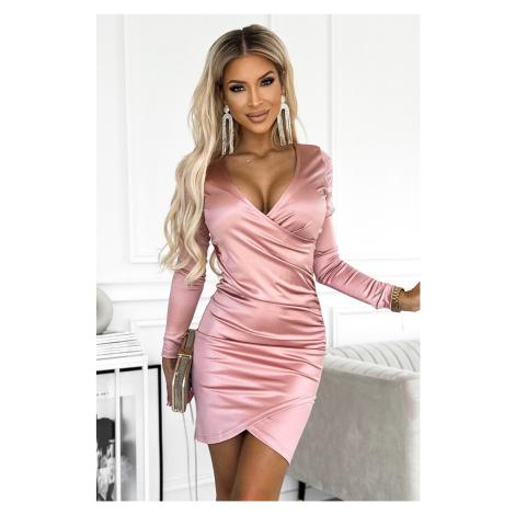477-1 Satin dress with an envelope neckline and long sleeves - dirty pink NUMOCO